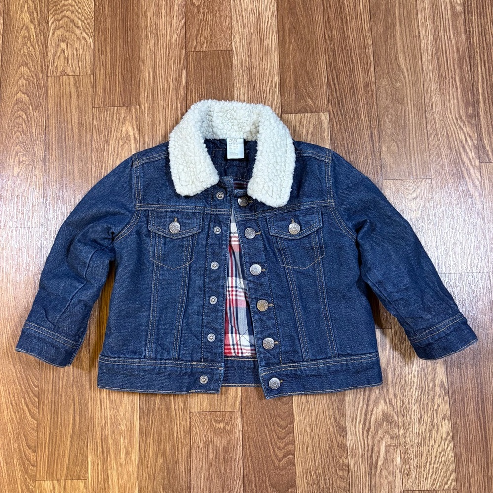 H&M Kids Blue Denim Jacket with Cream Sherpa Collar and Plaid Lining